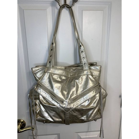 Botkier Metallic White Gold Leather Trigger Satchel Purse Shoulder Bag - EUC